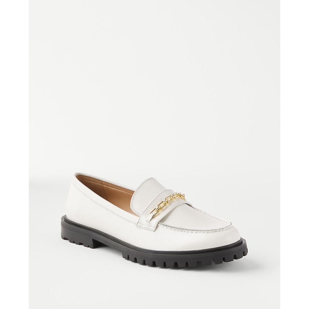 Ann Taylor Womens Chain Leather Loafers White Gold Black Sole Size 10M‎ New